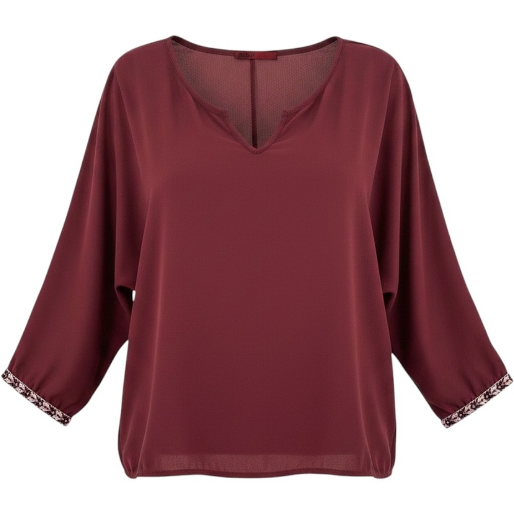 BKE Red Women Large Burgundy Split V-Neck Blouse 3/4 Sleeve Embroidered Cuff